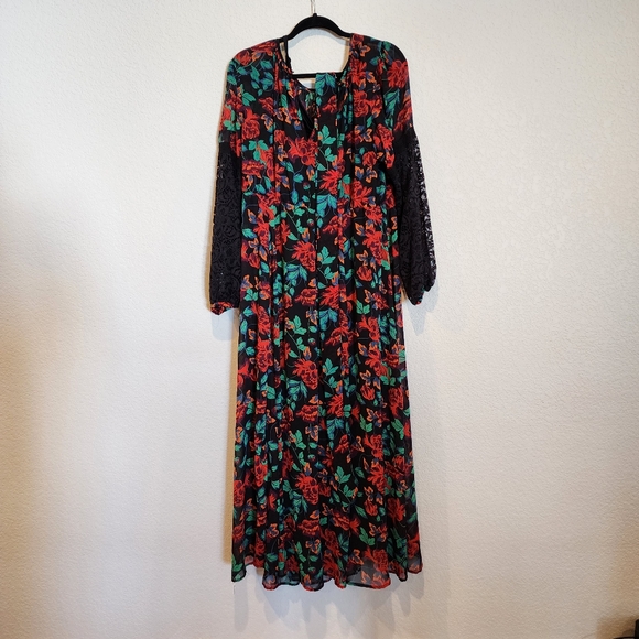 Torrid Red Black Floral Lace Sleeve Print Design Peasant Boho Maxi Dress - Picture 3 of 7